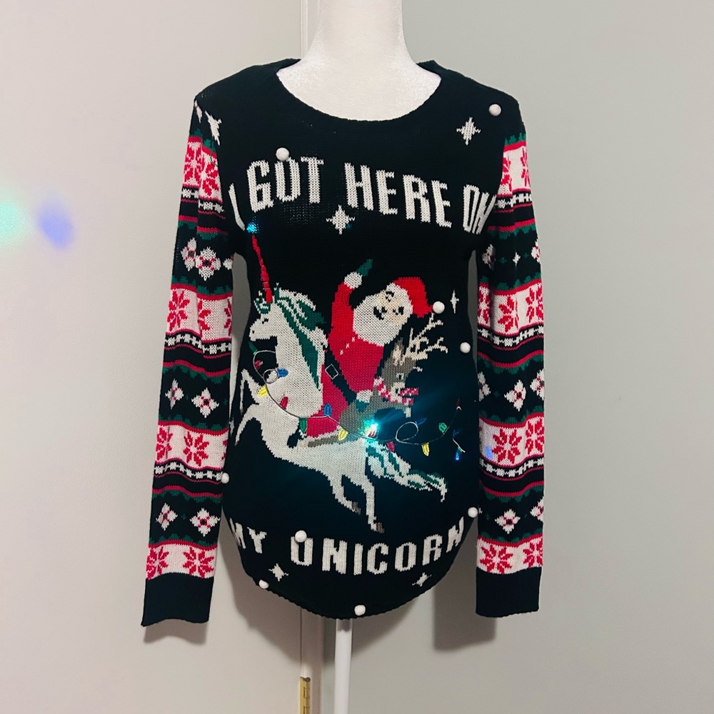 No Boundaries Light Up Ugly Christmas Sweater Juniors Black/Red,Size Medium .